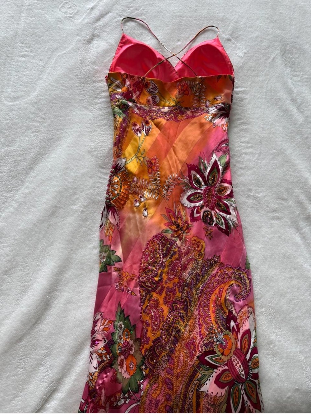 Y2K Cache Pink/Orange Floral/Paisley Print Maxi Dress - Picture 7 of 8